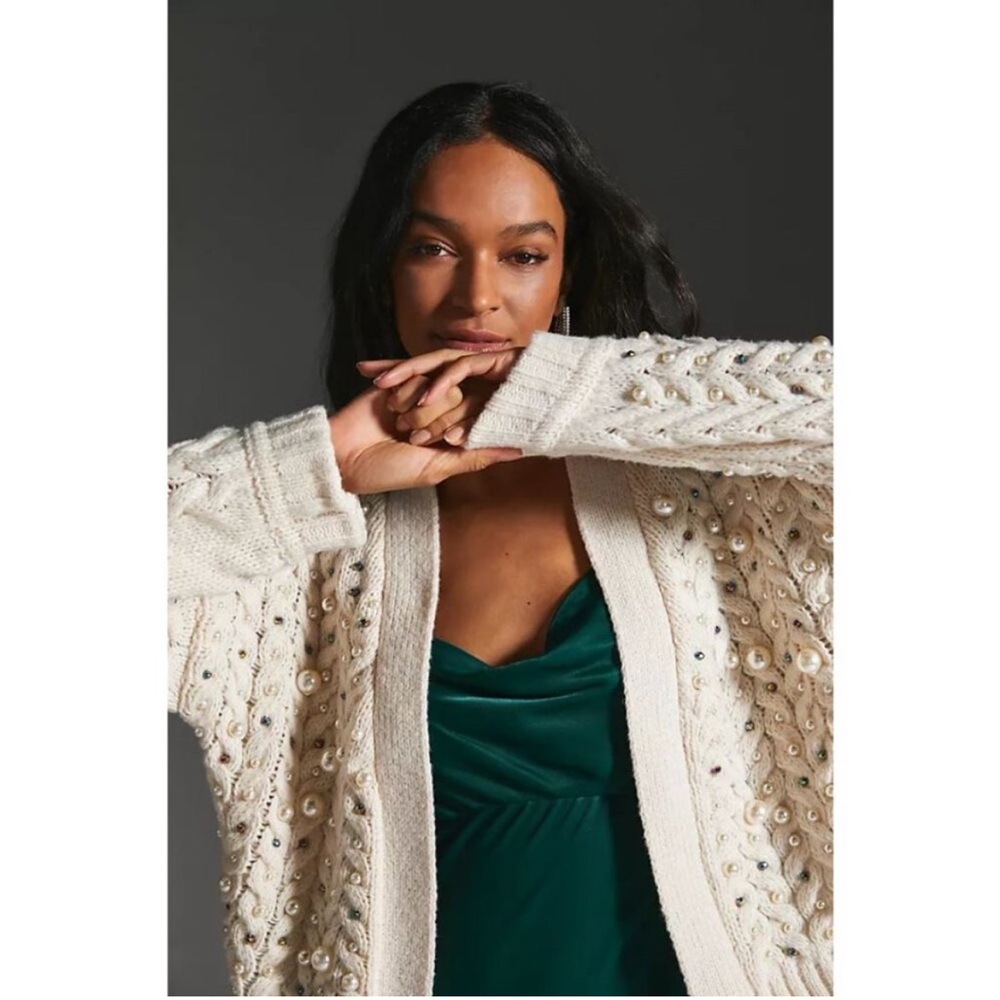 Anthropologie Maeve Embellished Cardigan One Size Cream Pearls - Picture 4 of 14